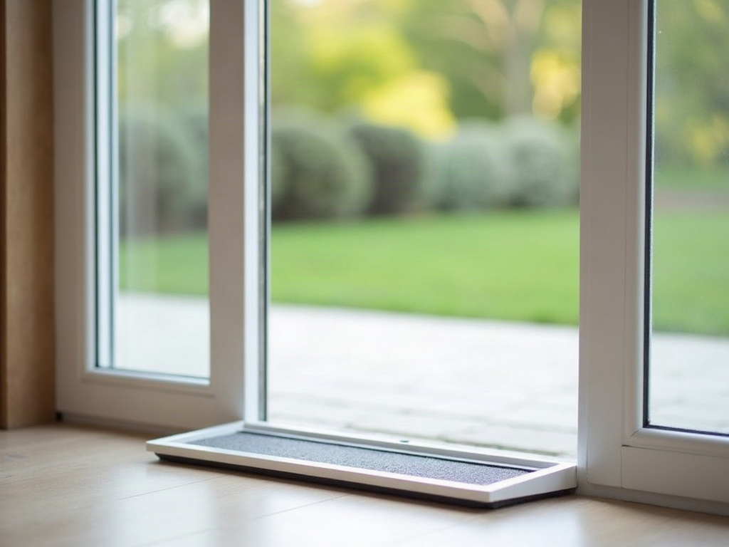 A pet door flap fitted low in a clear glass door panel with a garden visible behind it