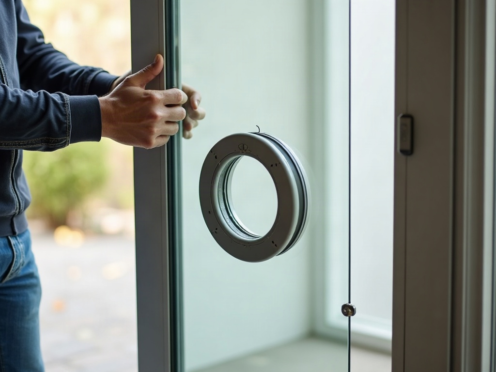 A glazier lifting a glass panel with a pre-cut round opening into an aluminium sliding door frame