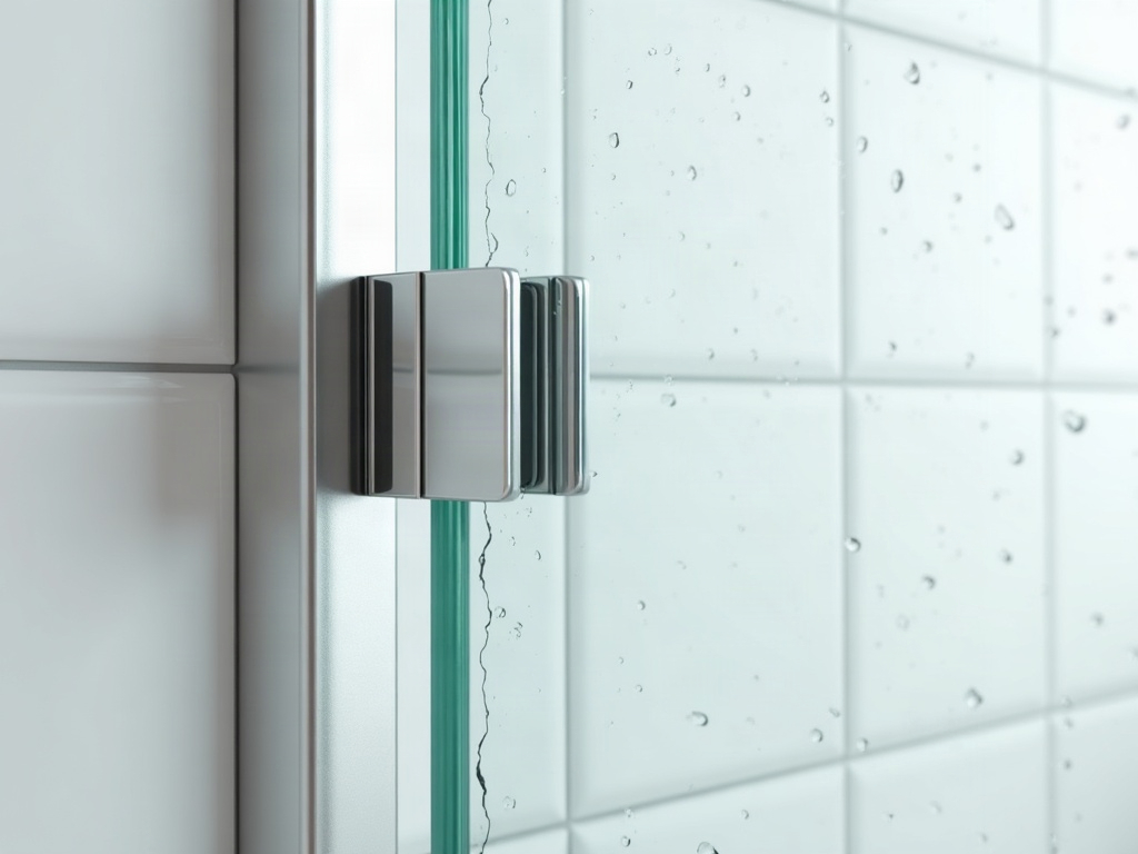 A frameless shower screen panel with a polished chrome wall hinge and a thick clear glass edge