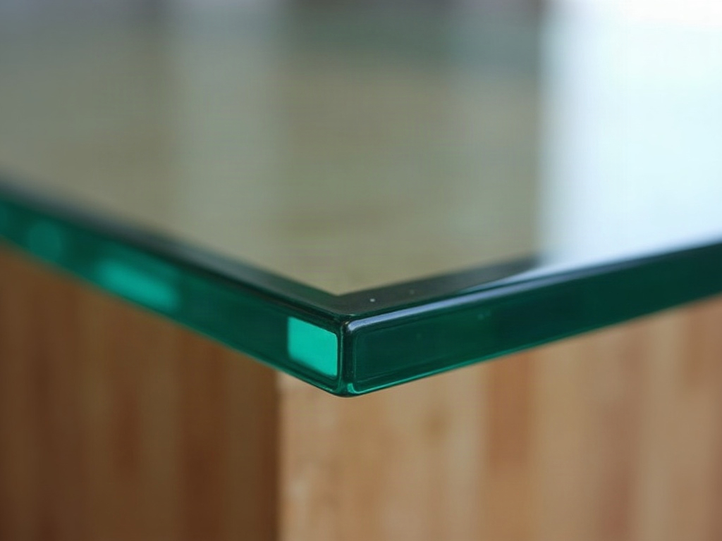 The polished green-tinted edge of a thick clear glass table top resting on a timber base