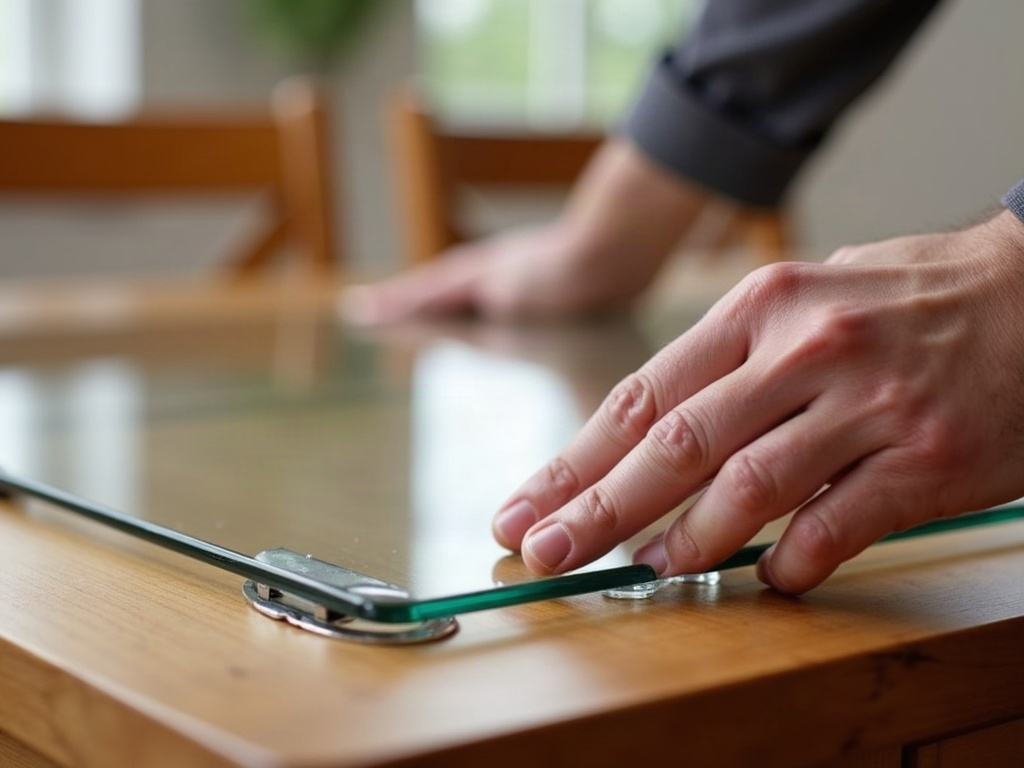 A hand placing a clear glass protector onto a timber dining table with clear rubber bumpers