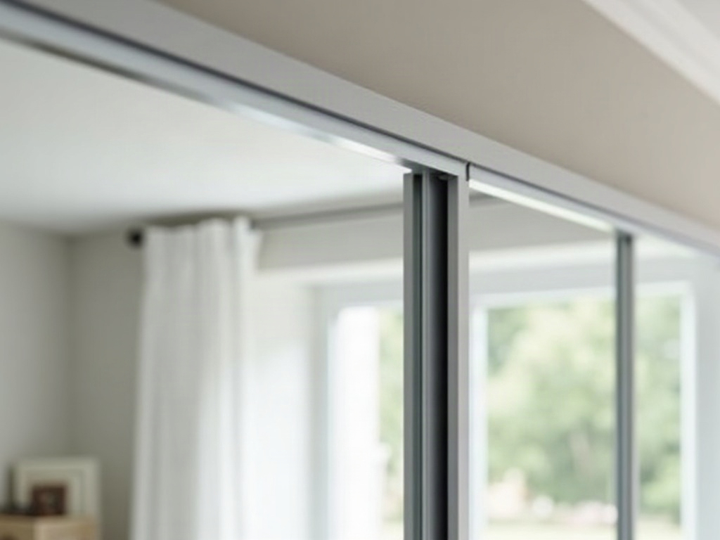 The edge of a mirror sliding wardrobe door showing its slim silver frame and the top track