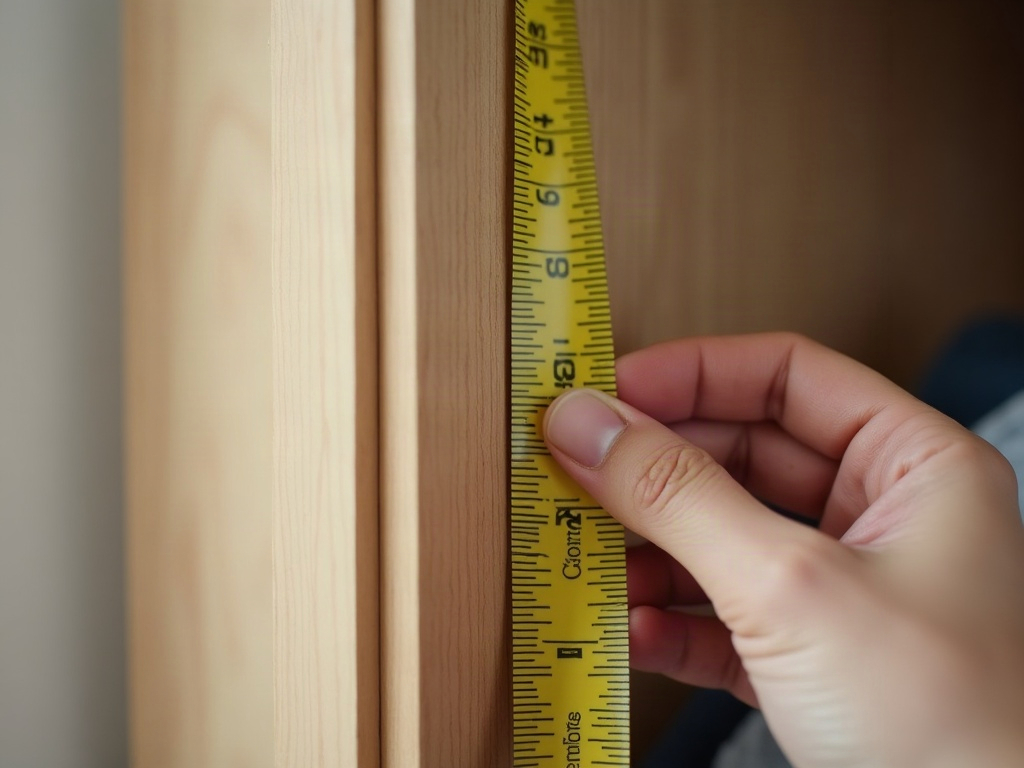 A tape measure held across the top of a wardrobe opening to measure its width