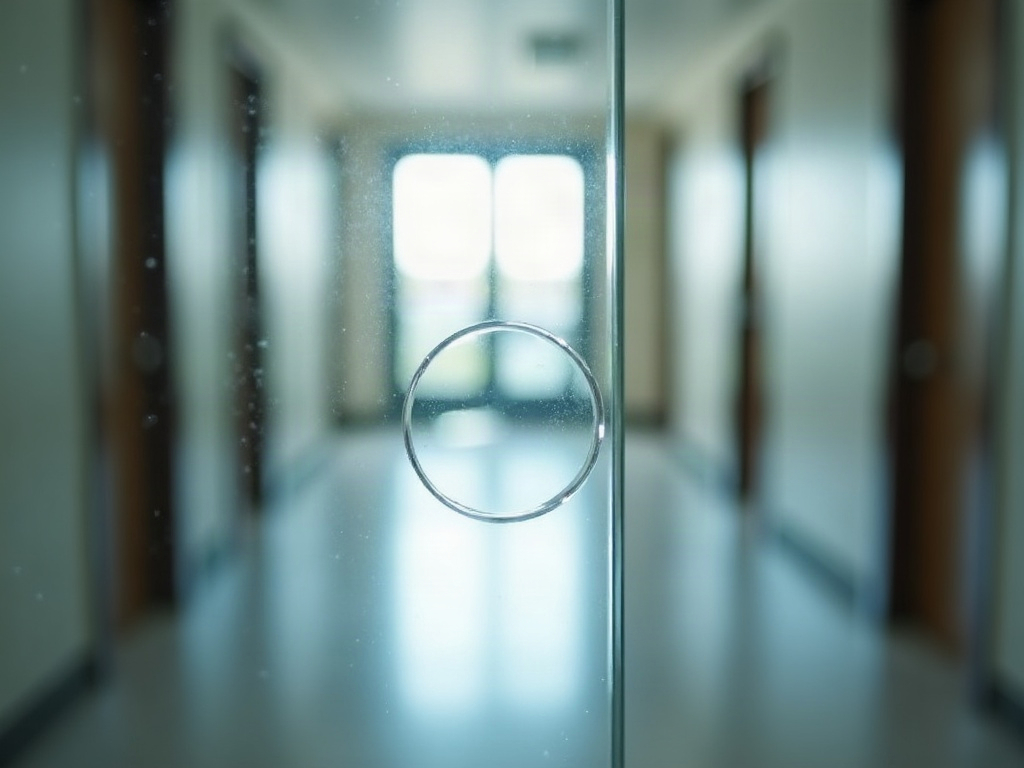 The safety glass mark stamped in the corner of a glass pane