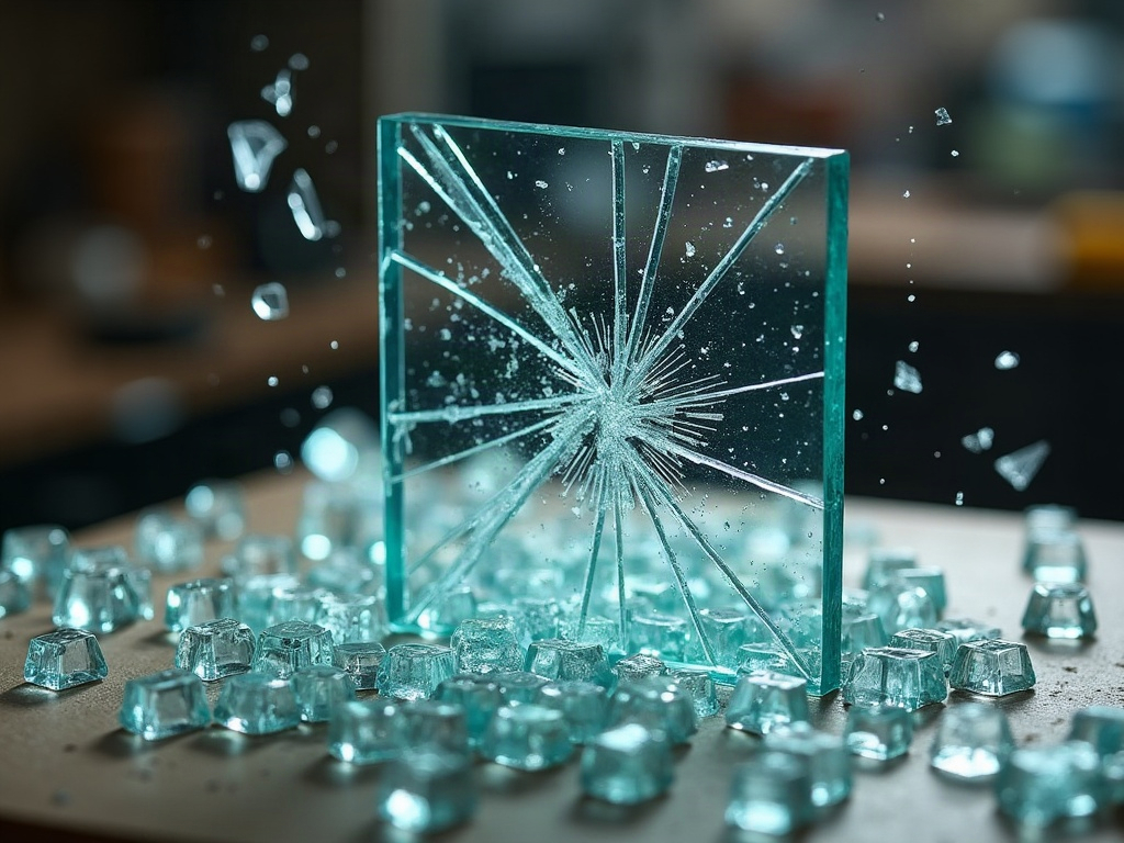 Toughened glass shattered into small blunt cubes on a glazier's workshop bench