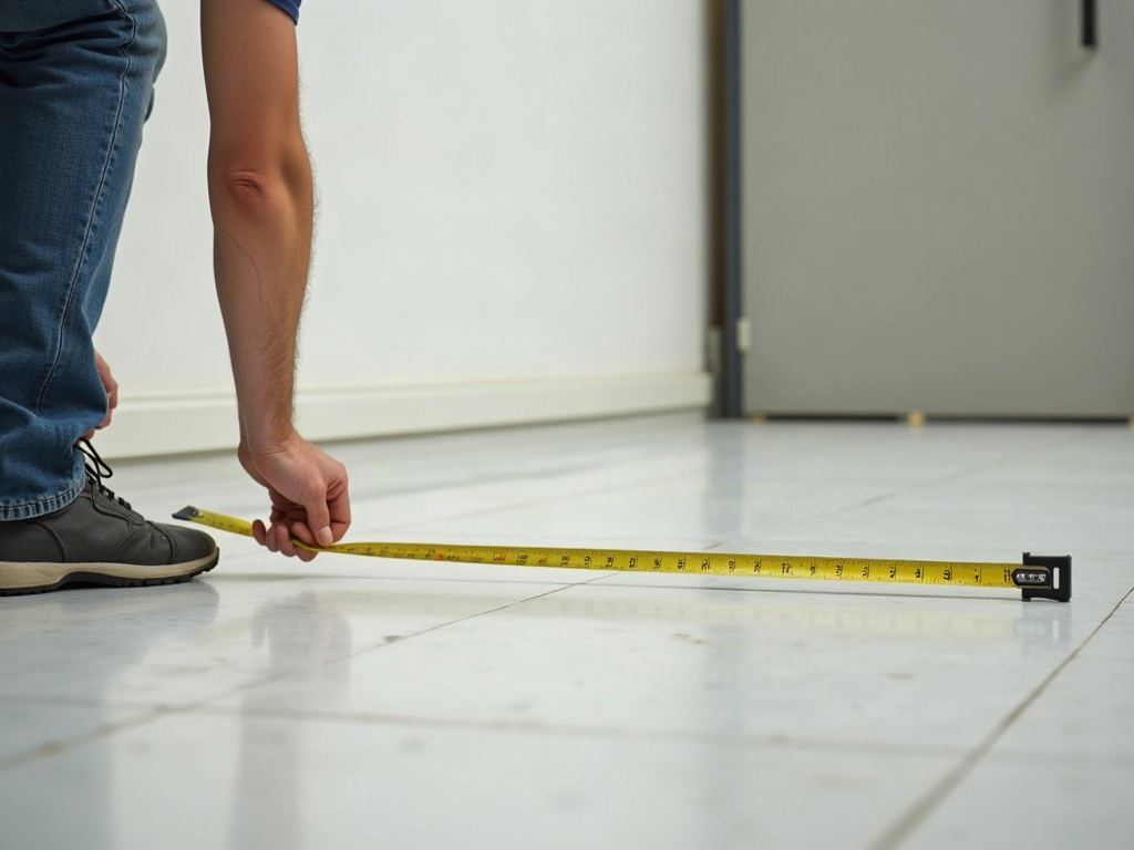 Tape measure stretched across the floor of an empty office tenancy to measure the line of a glass partition wall