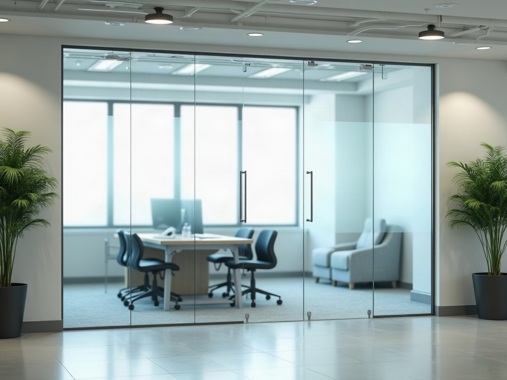 Frameless glass partition panels with a glass door installed in a small business office