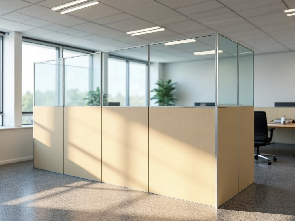 Half-height plasterboard wall topped with clear glass panels dividing two office rooms