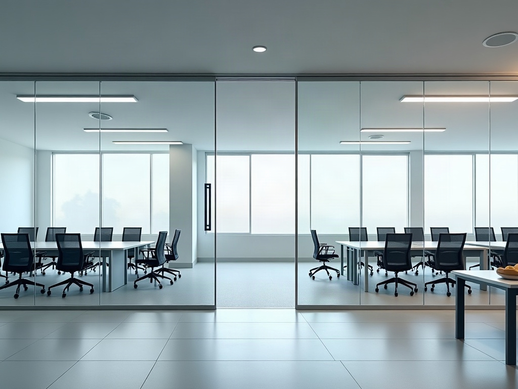 Clear glass partitions separating two meeting rooms from an open-plan office in bright daylight