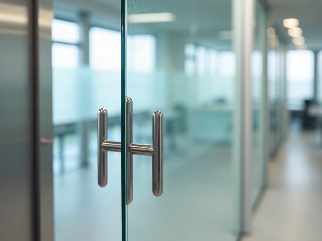 Stainless steel pull handle on a glass partition door in an office corridor