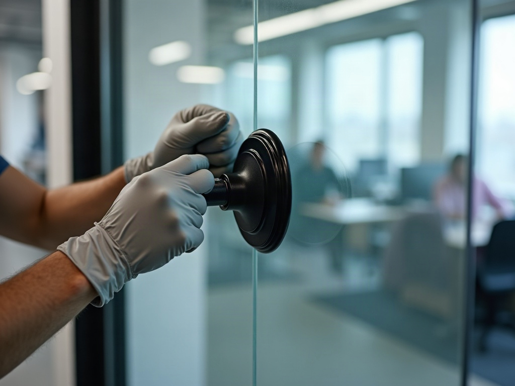 A glazier's gloved hands attaching a suction cup lifter to a large clear glass panel during an office fit-out