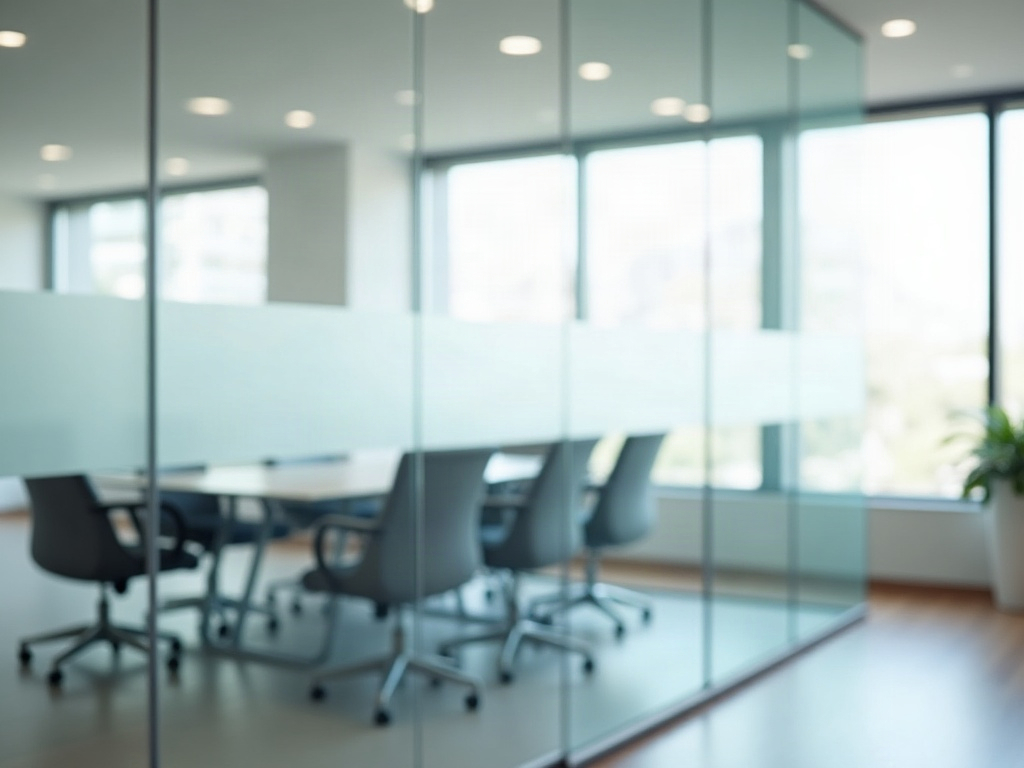 Clear glass office partition with a horizontal frosted privacy band at eye height