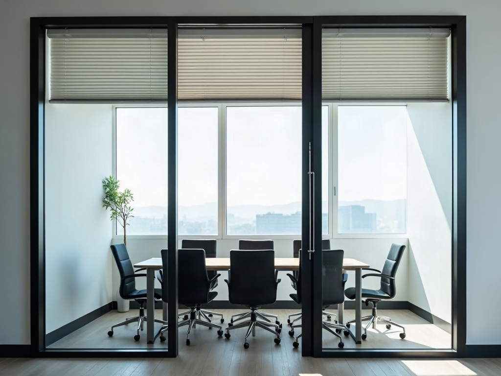 Black aluminium framed glass partition wall in a small office with a blind half drawn in the meeting room