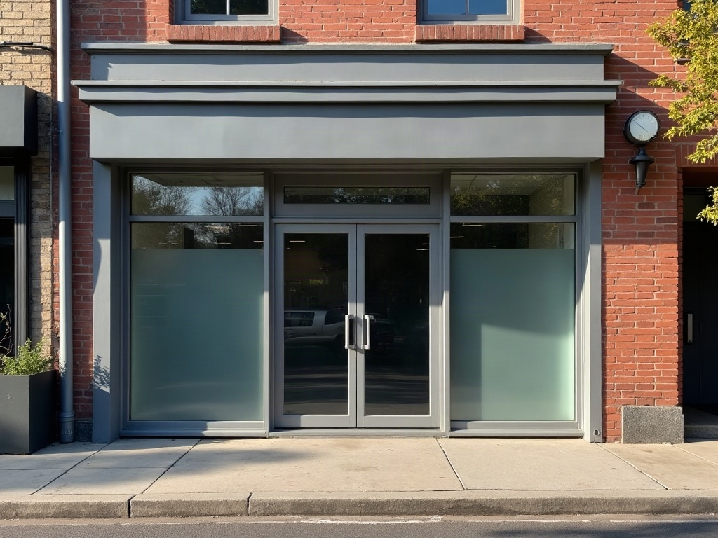 Suburban Melbourne shopfront with large clear glass windows and a glass entry door in an aluminium frame