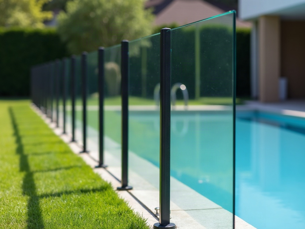 A straight run of glass pool fence panels between black posts along a lawn beside a backyard pool