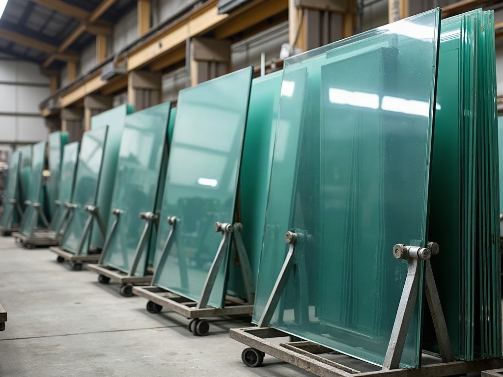 Large clear toughened glass panels standing on steel racks in a glass workshop