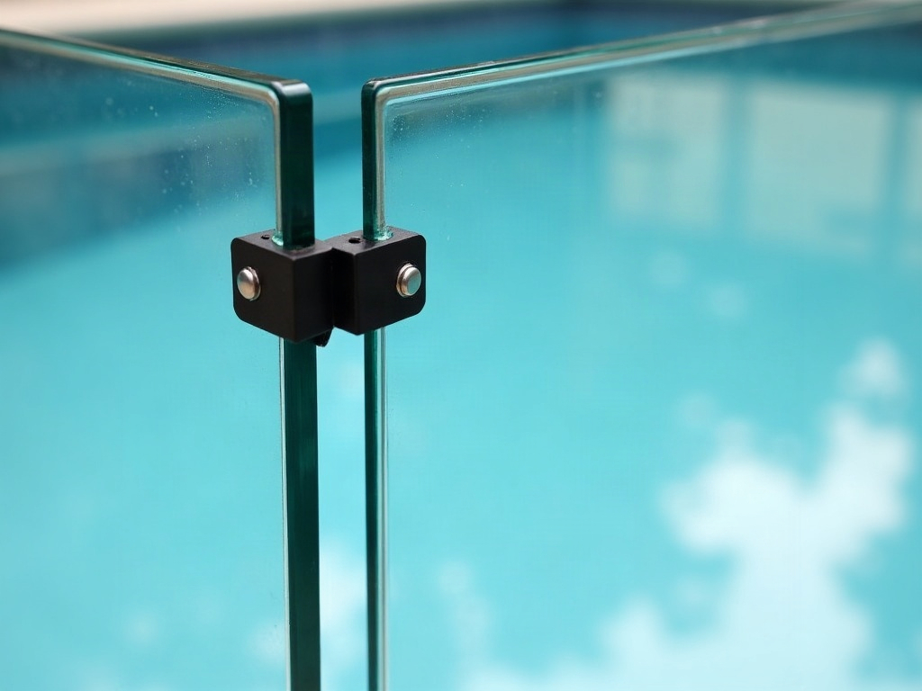 Close-up of a black bracket joining two glass panels at a post on a glass pool fence