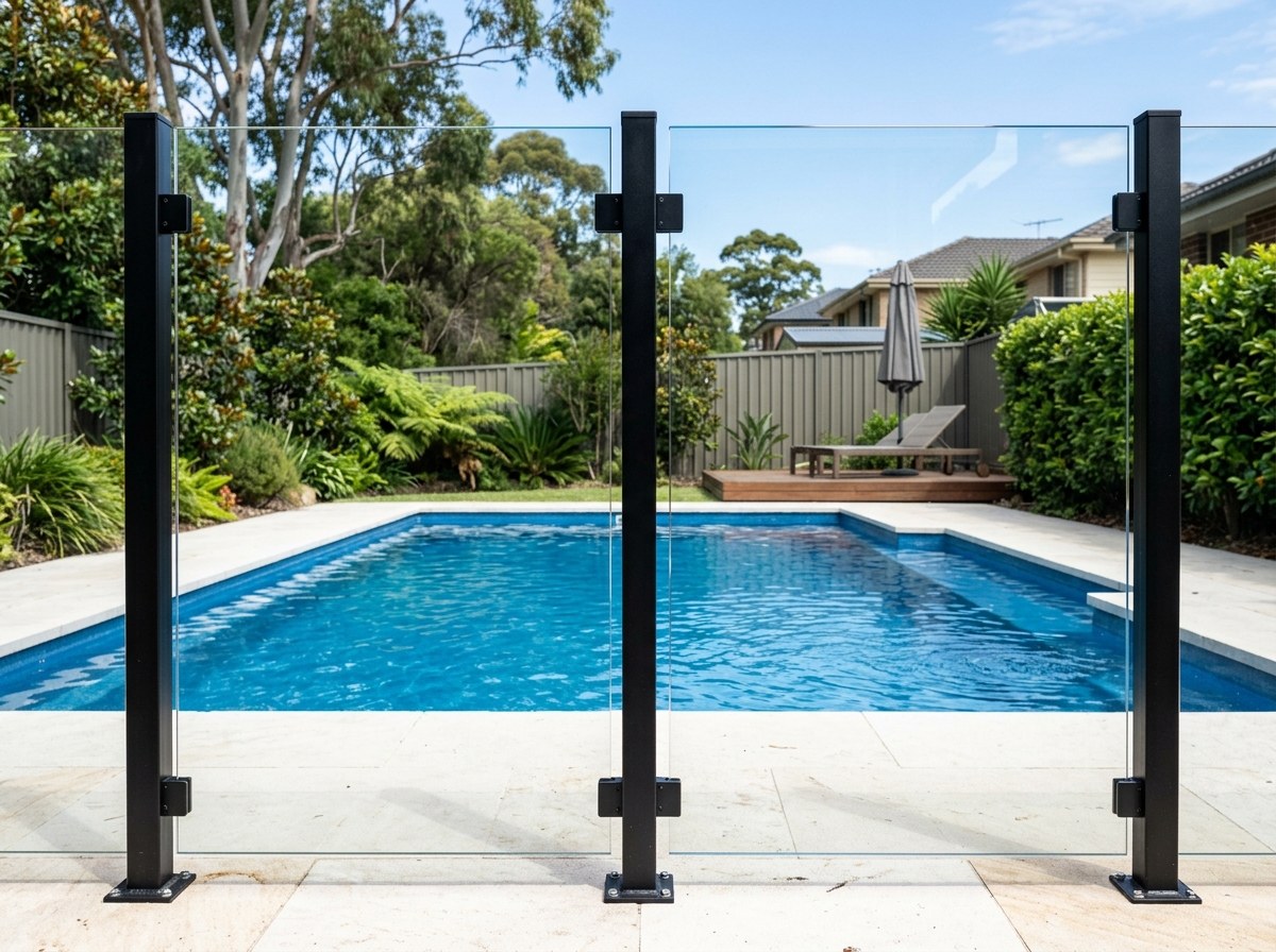 Semi-frameless glass pool fencing with slim black posts around a backyard pool in a Melbourne suburban garden