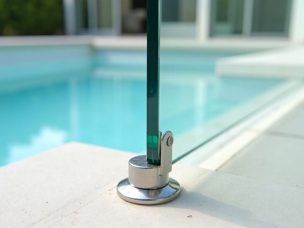 A frameless glass pool fence panel held in a stainless steel spigot bolted to pale paving