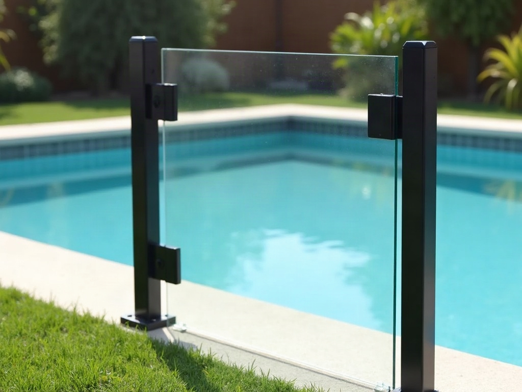 A clear glass pool gate fitted between two black posts with a self-latching latch, seen from the lawn side