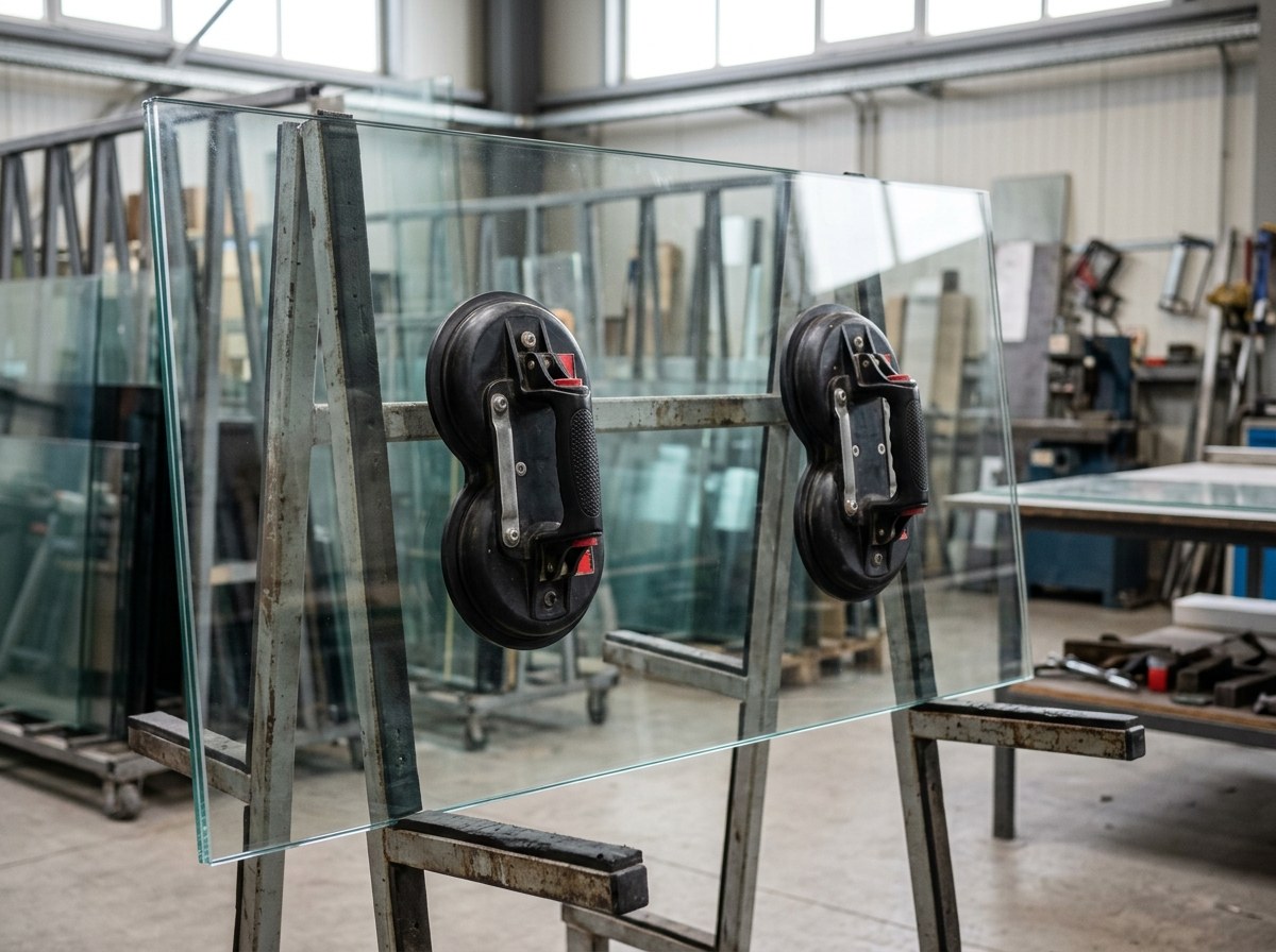 Two suction lifting cups on a large clear glass pane in a glass workshop