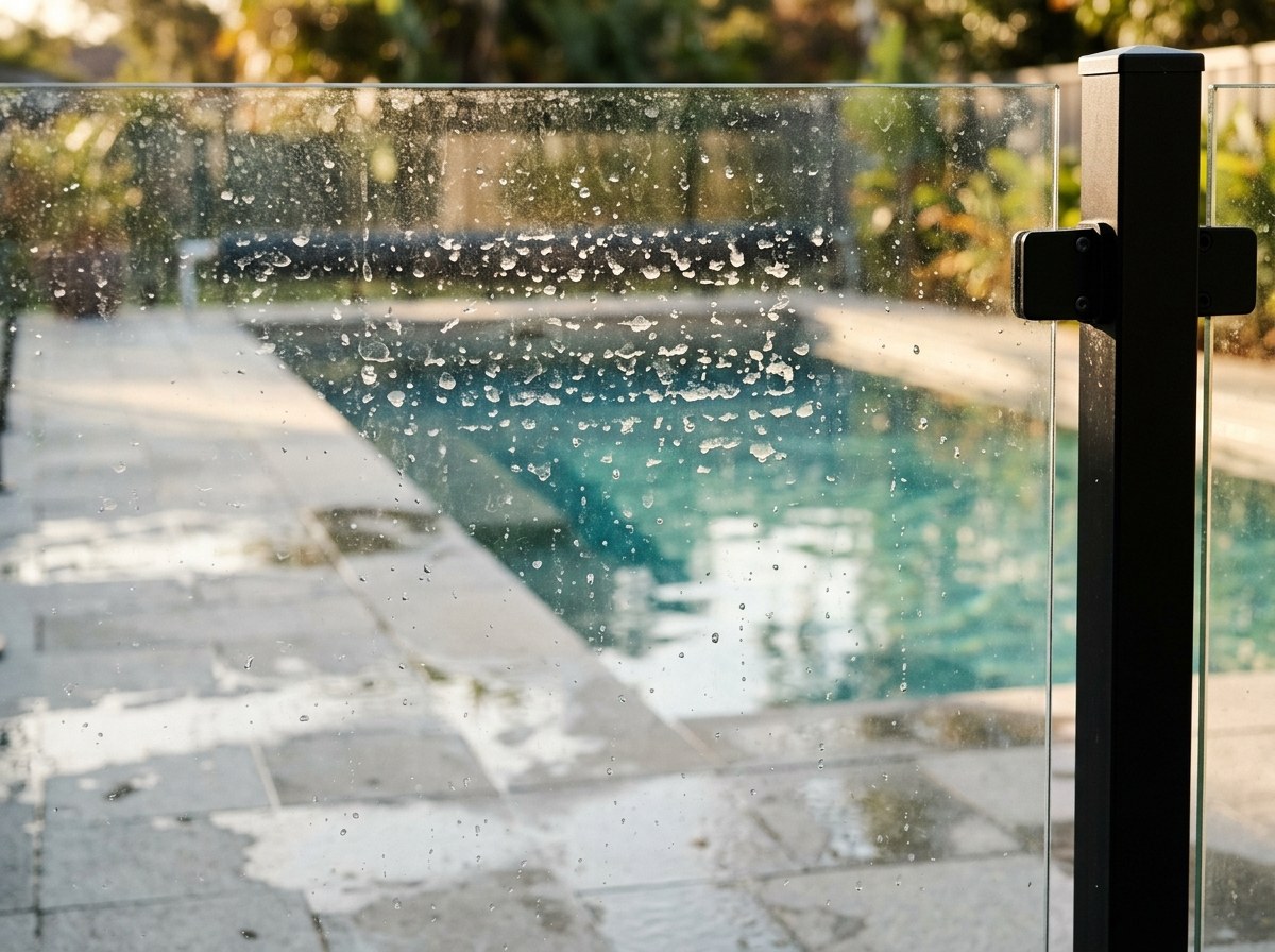 Hard water spots and droplets on a glass pool fence panel in afternoon sun