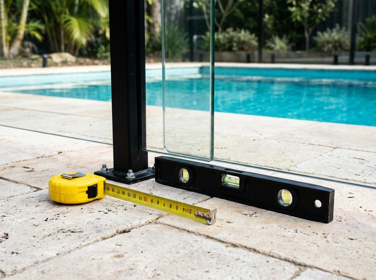 A tape measure and spirit level resting on pool paving beside the base of a glass pool fence panel and post