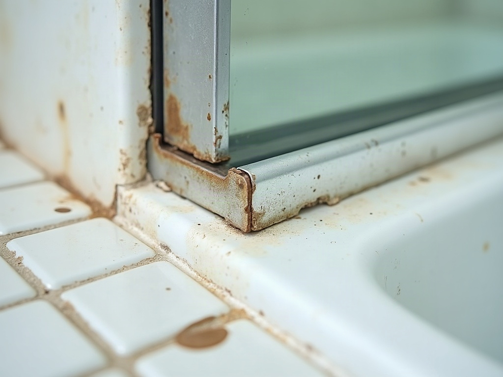 The corroded bottom track of an old framed shower screen with grimy dark silicone along the tiles
