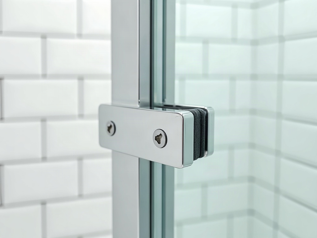 A chrome frameless shower door hinge clamped to a clear toughened glass panel against white tiles