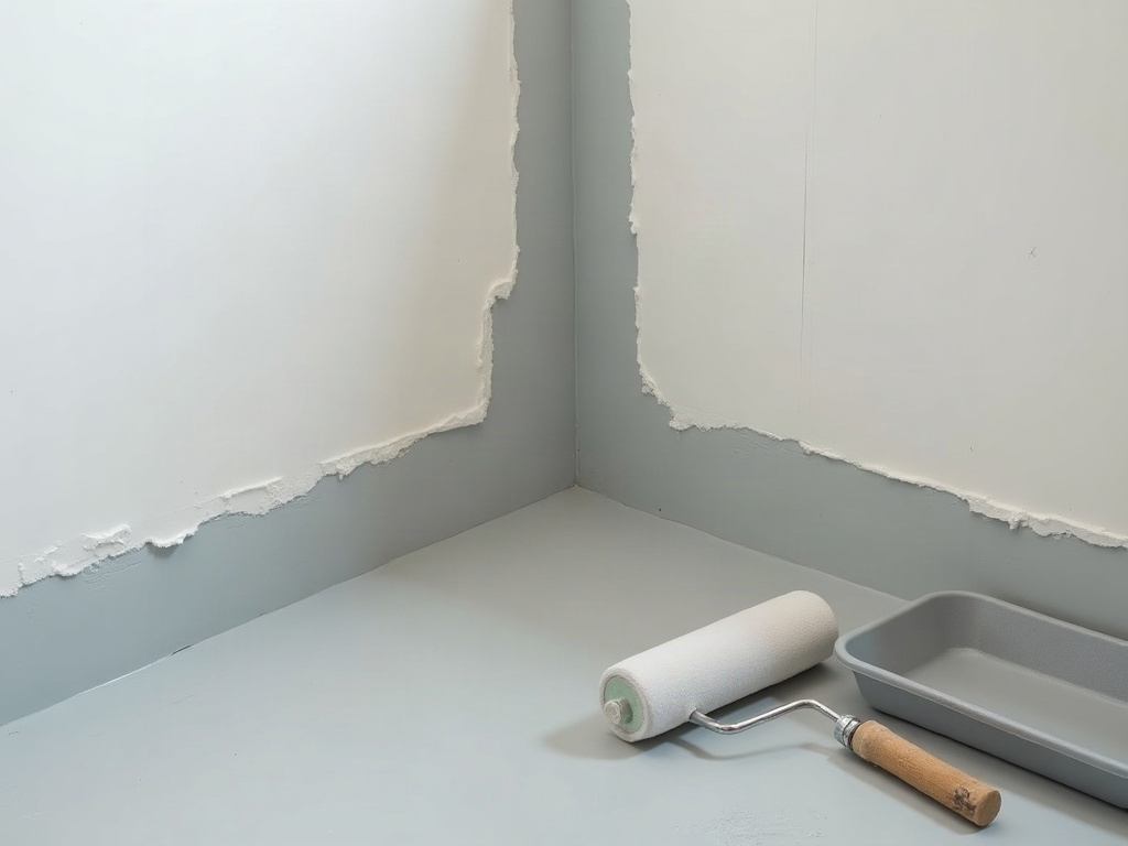 Gloved hands rolling a grey waterproofing membrane onto the floor and wall junction of a shower recess before tiling