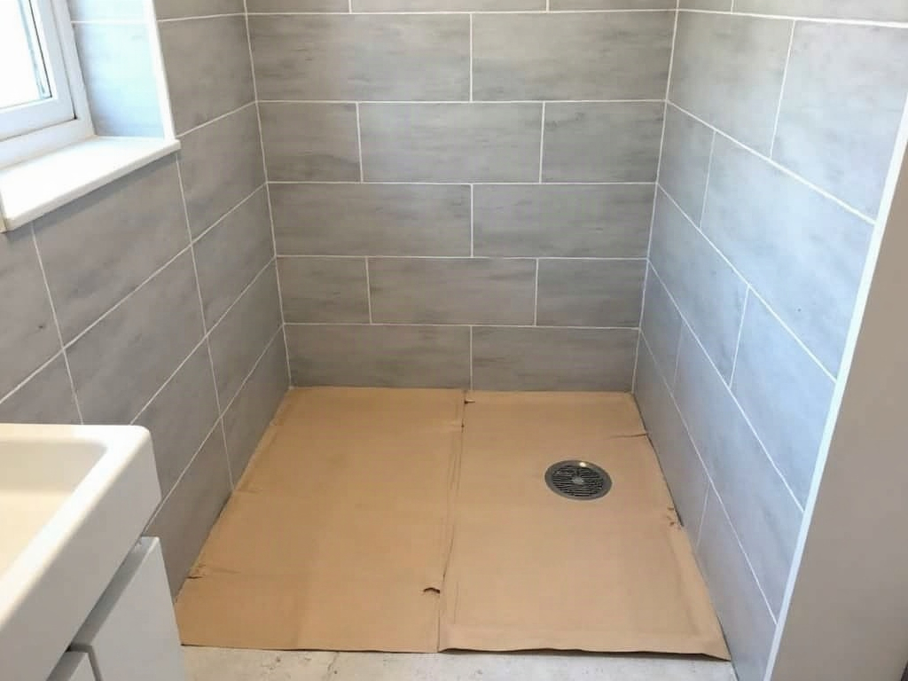 A newly tiled shower recess with a floor waste and no screen fitted yet, ready for measuring