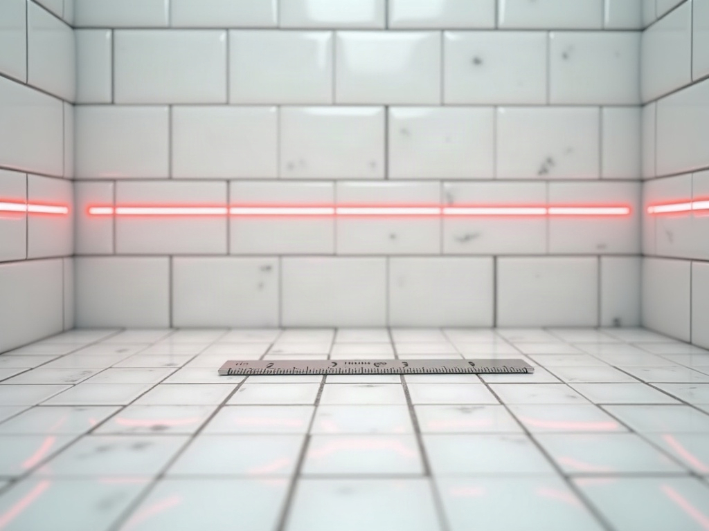 A red laser line projected across a tiled shower wall with a ruler on the floor, used to measure a shower screen opening