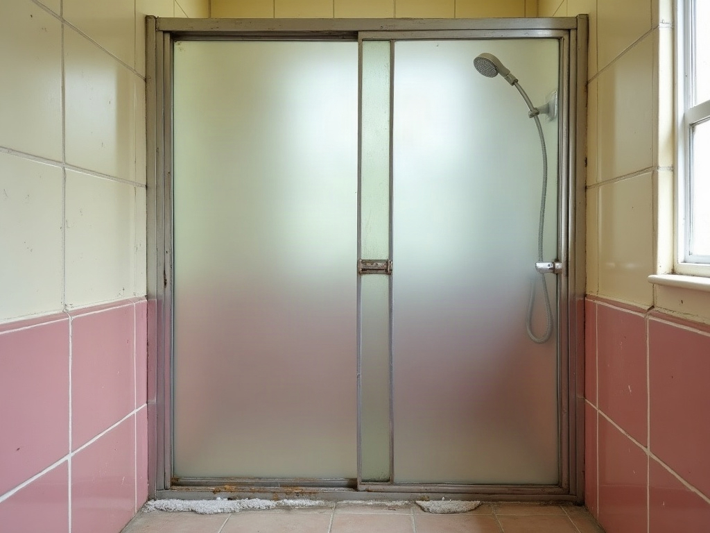 An old 1970s bathroom with a tired framed shower screen, cloudy glass and a corroded aluminium bottom track