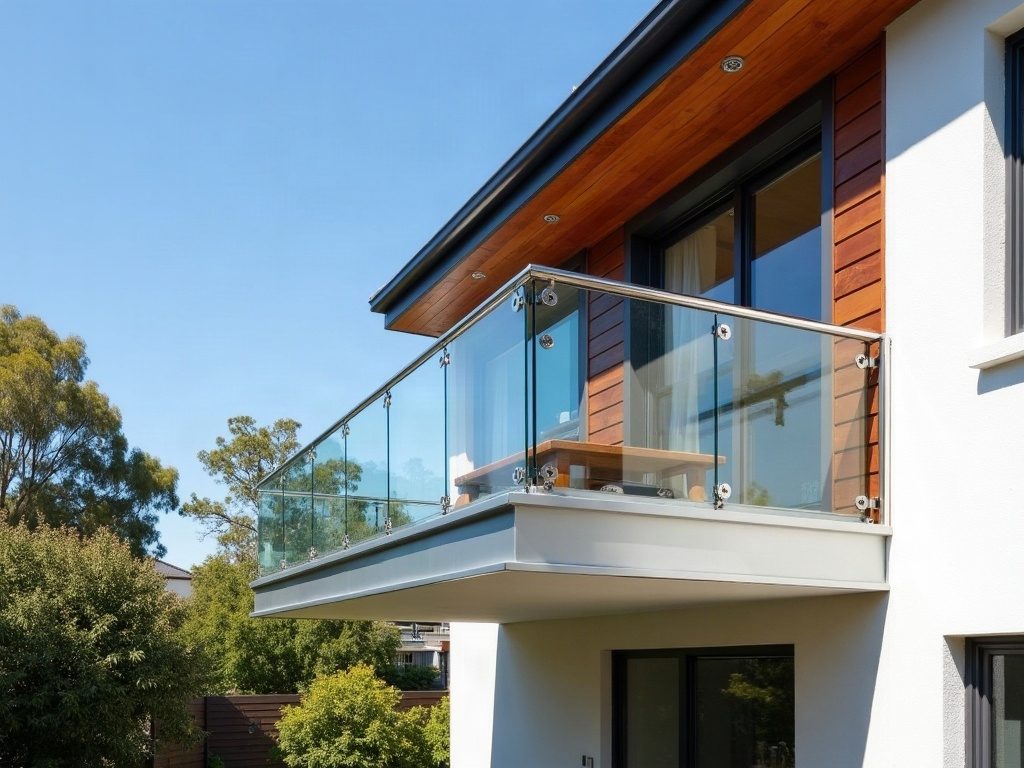 Balcony glass balustrade with point-fixed glass panels and a stainless steel handrail on an upstairs balcony of a modern Melbourne townhouse