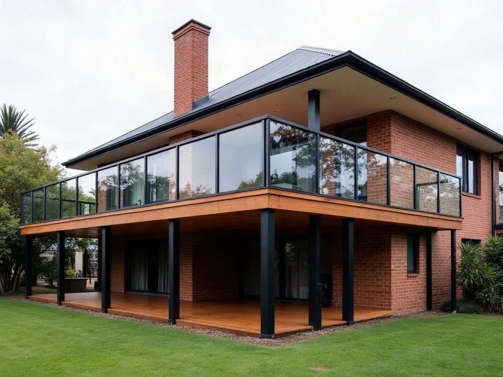 Framed glass balustrade with black aluminium posts and rails around an elevated timber deck on a brick house