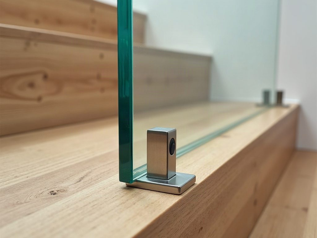 Close-up of a brushed stainless steel spigot clamping a clear glass stair balustrade panel on a timber stair tread