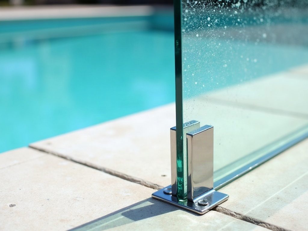 Dried white hard water spots on the lower edge of a frameless glass pool fence panel above a stainless steel spigot