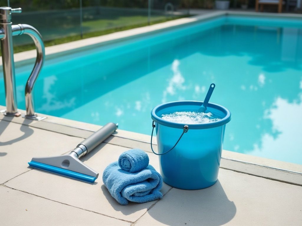 Bucket of soapy water, rubber squeegee and microfibre cloth on the paving of a pool with a glass pool fence behind, ready for cleaning